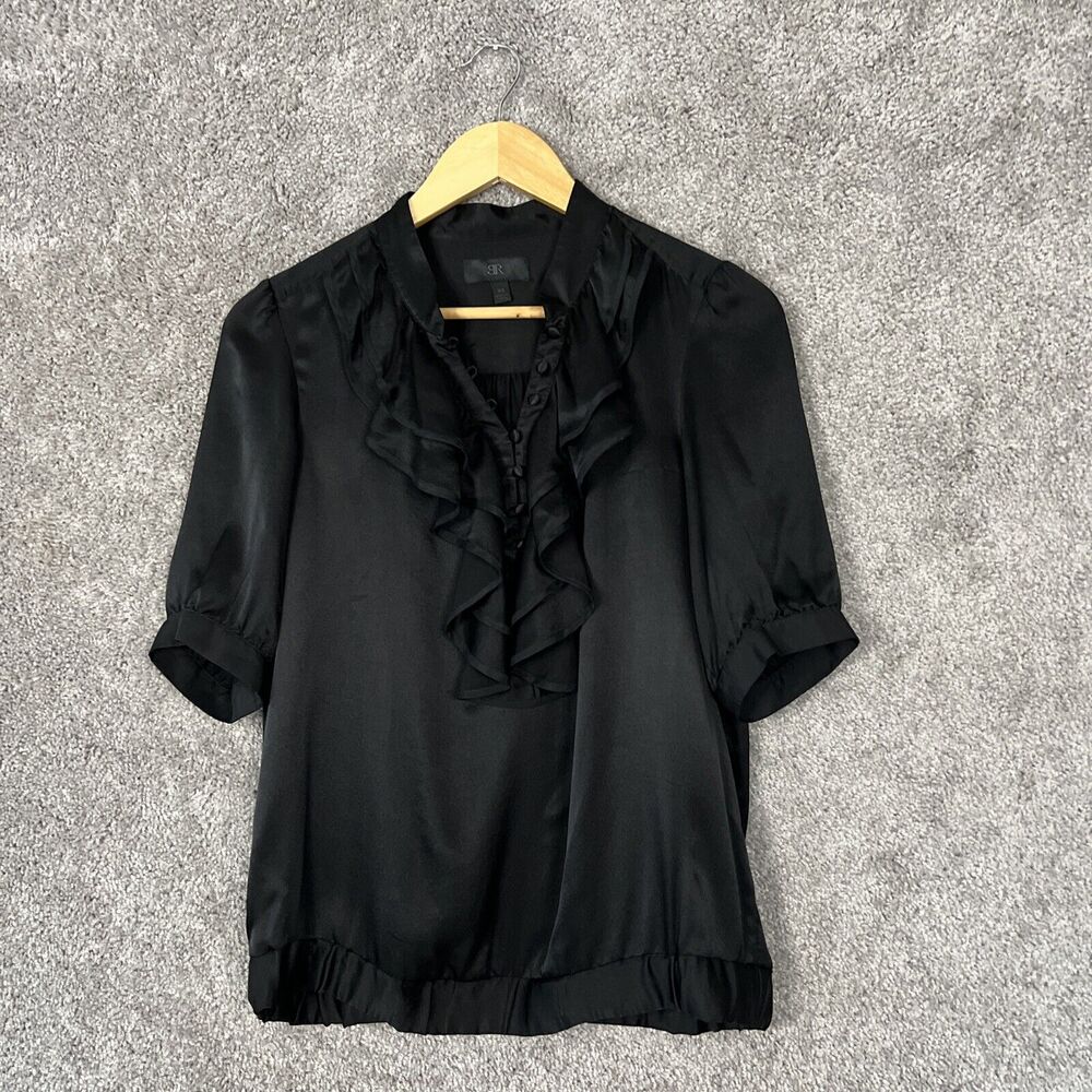 Banana Republic Shirt Womens XS Black V-Neck Short Sleeve 1/2 Button Up Ruffle
